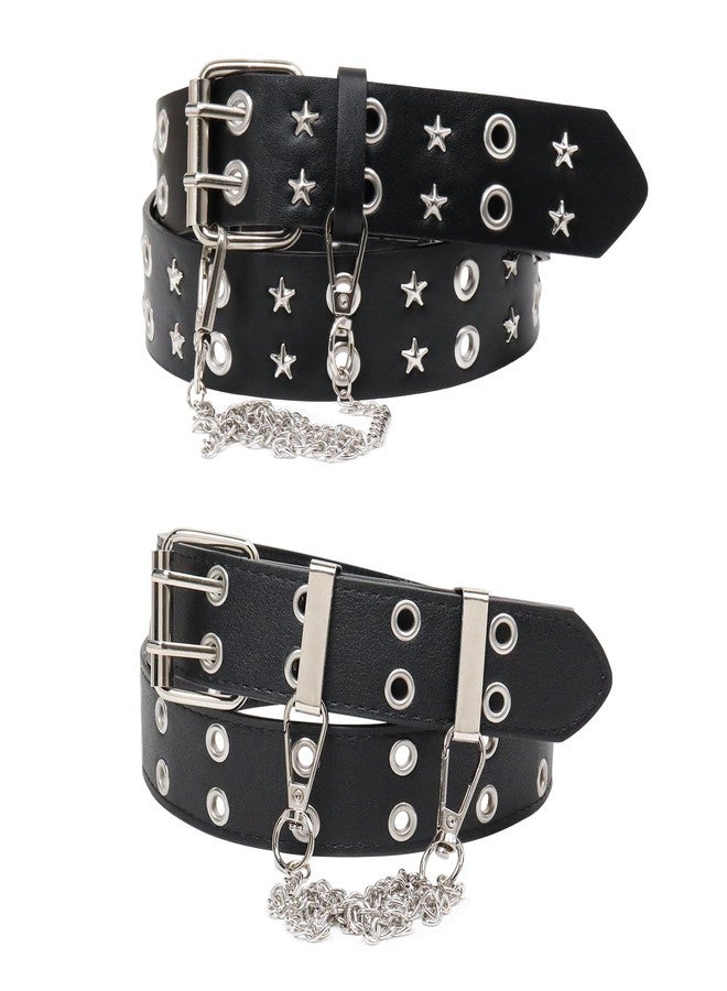 YOGEYOGE Studded Belt, Y2K Belt with Chain Star Belt Black Belt Women Goth Belt Punk Double Grommet Belt for Women Men - Image 1